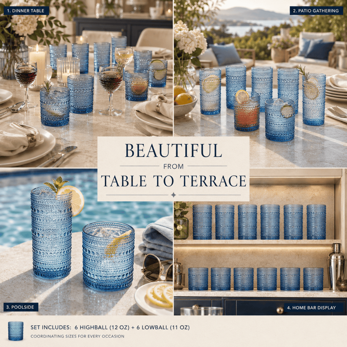 Textured Hobnail Lowball & Highball Glassware | 11 oz | Set of 12 | Highball & Lowball