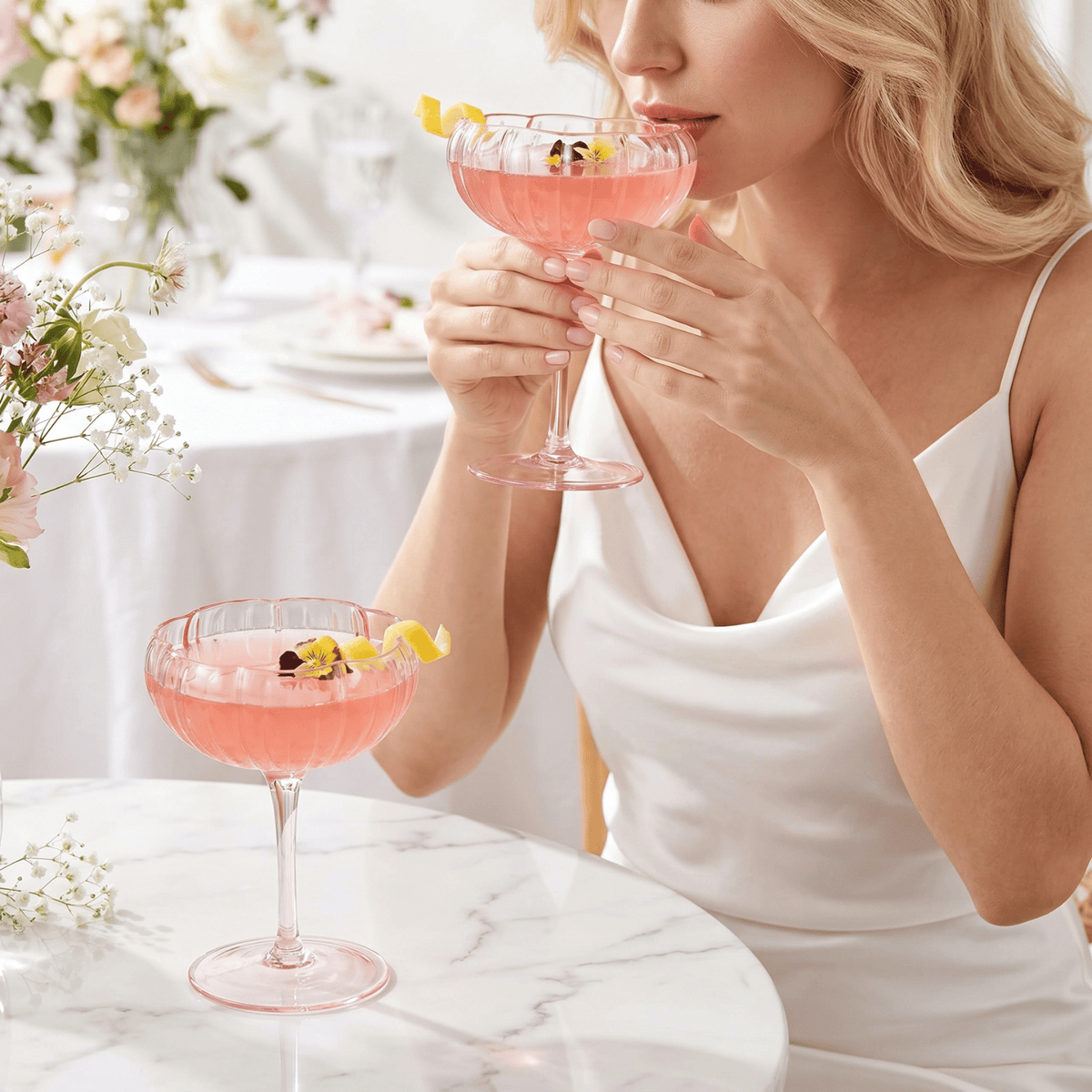 Flower Coupe Cocktail Colored Glasses Blush Pink | Set of 2 | Glass | Cocktail Glass