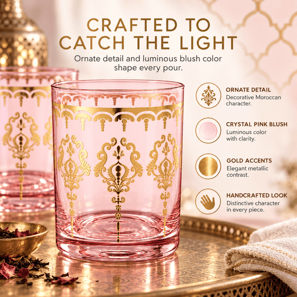 Moroccan Whiskey & Cocktail Glass Pink & Clear | Set of 2 | Glass | Tumbler