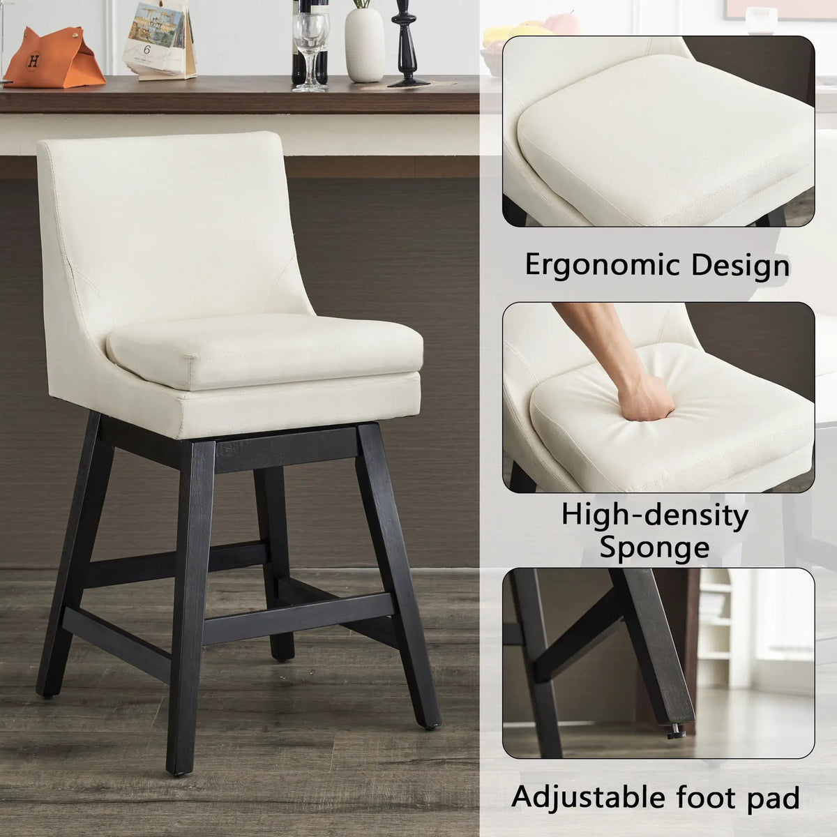 Upholished Swivel Bar Stools | Linen High Back | Padded Seat | Set Of 2