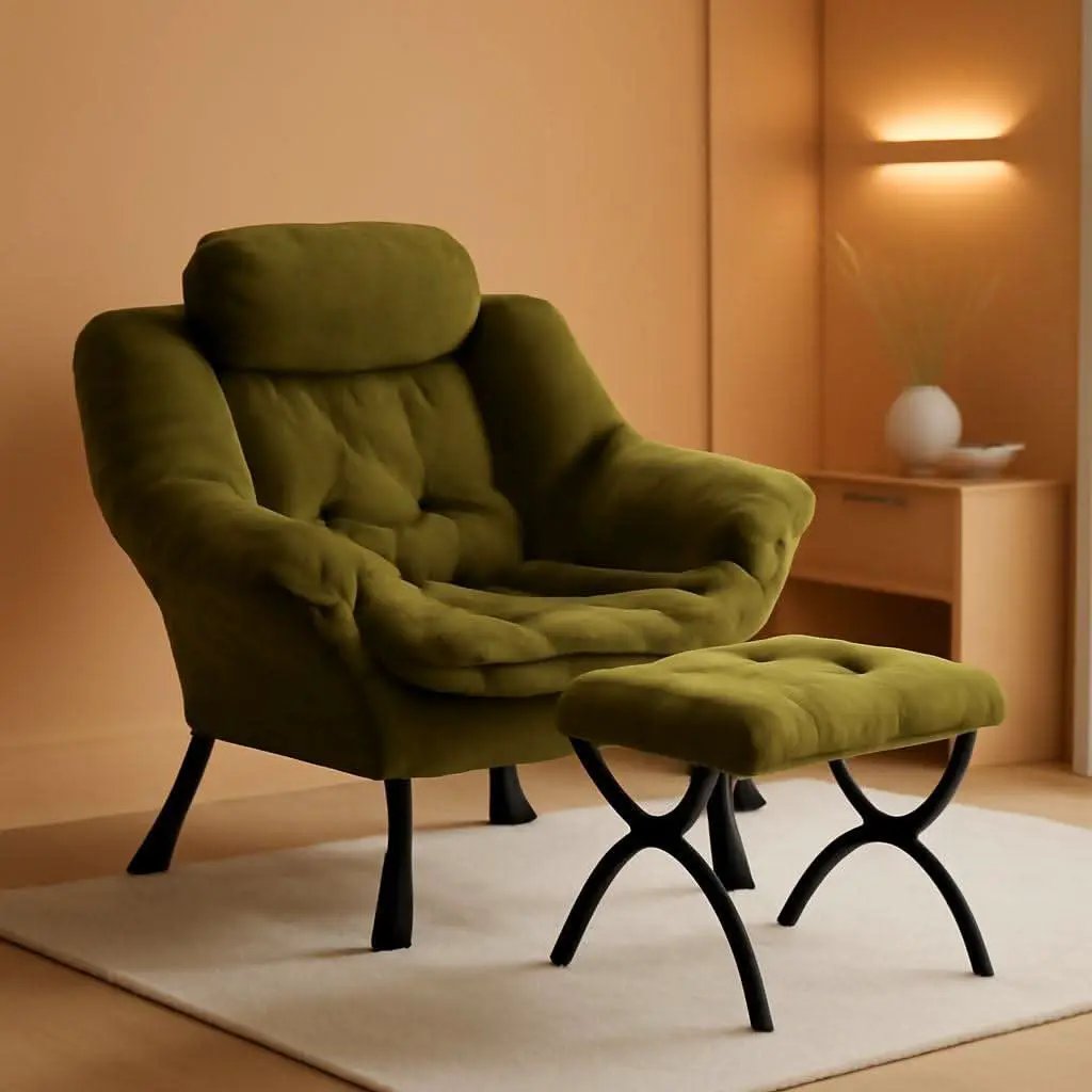 Plush Green Folding Ottoman Lounge Chair With Footrest from PriceLows™
