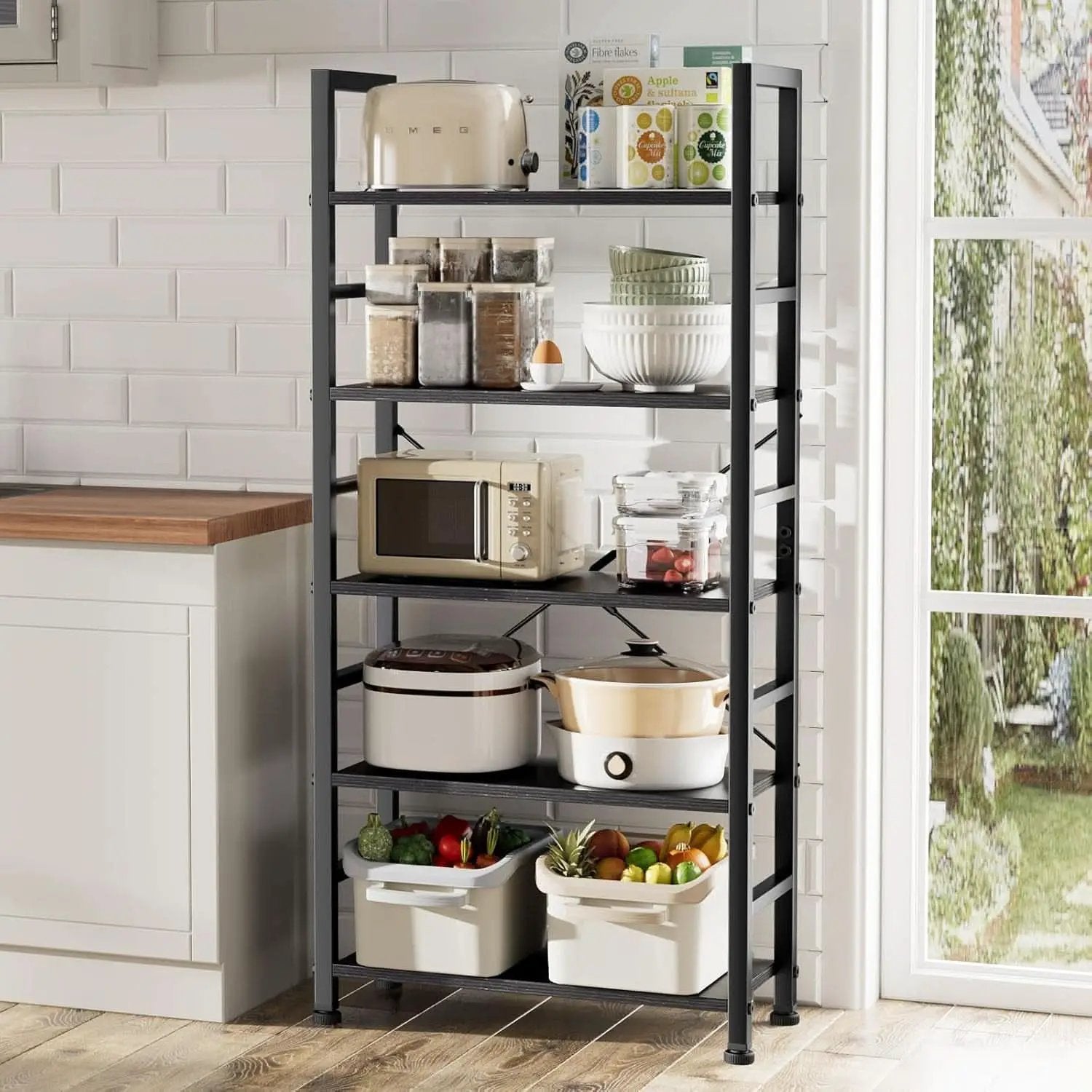 Black 5 Tier Bookcase Space Saving Tall Studio Home Office from PriceLows™