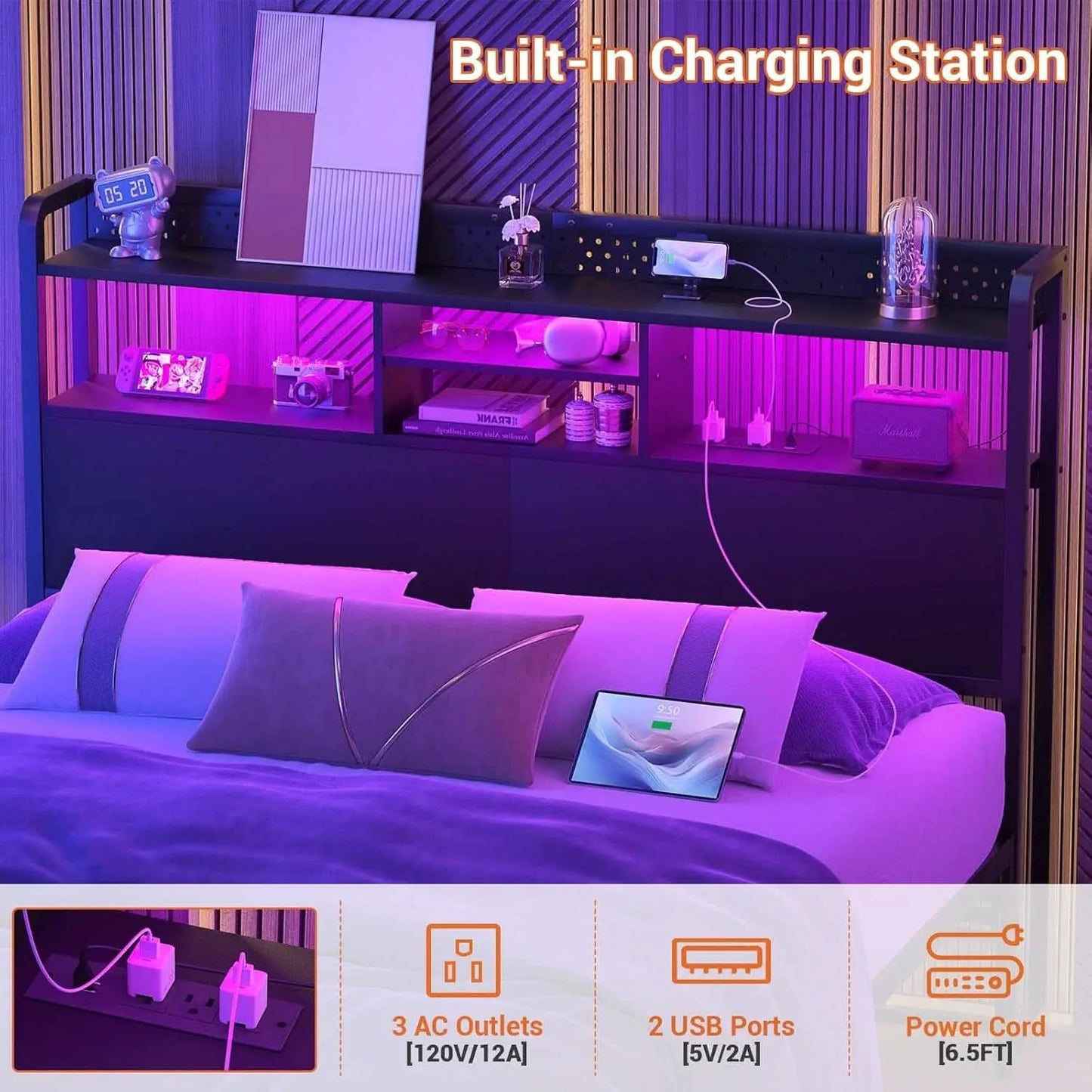 Queen Size Headboard with USB Ports and LED Light from PriceLows™
