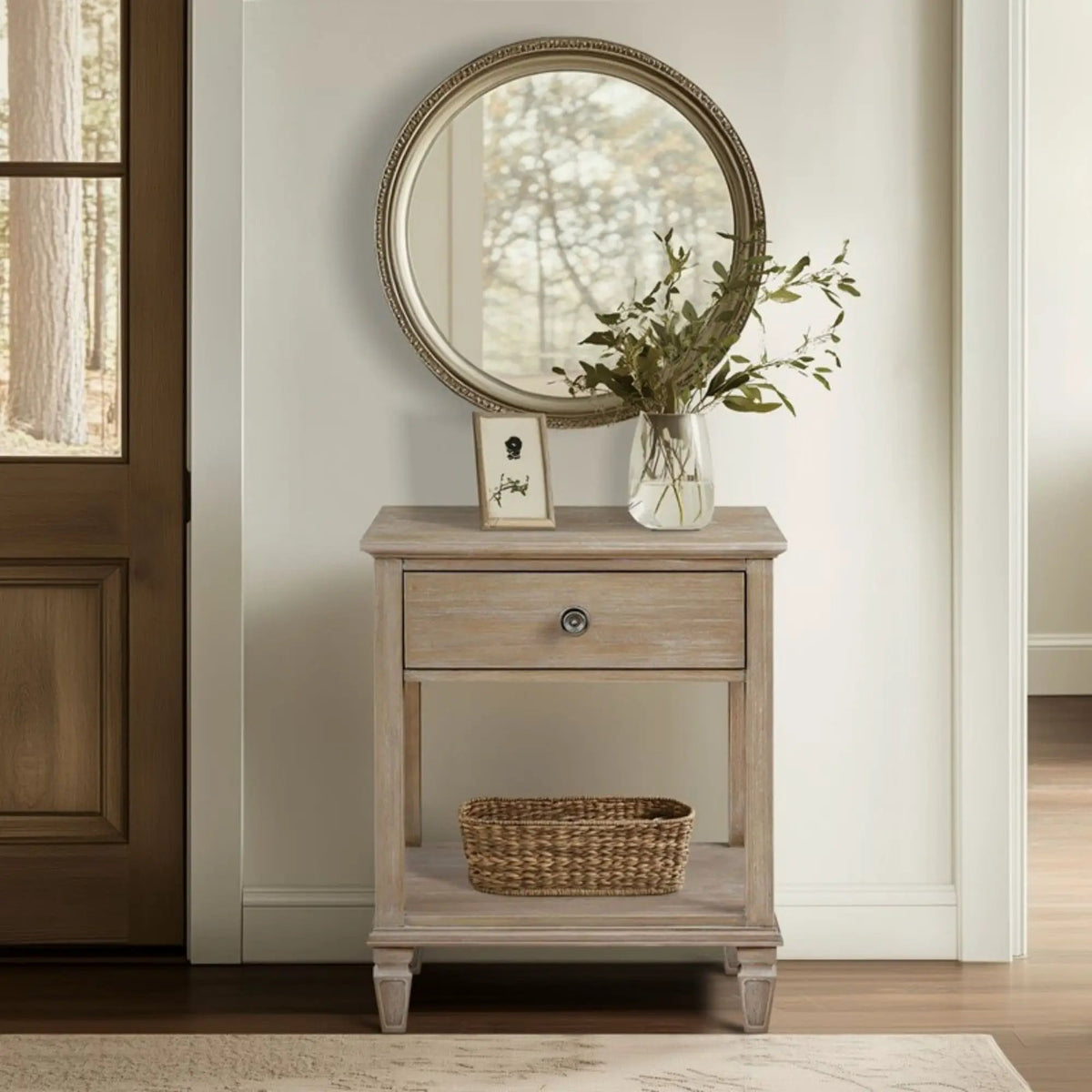Victoria Bedside Table | Aged Brown Oak Finish | Drawer And Open Shelf | Wire Brush Detail