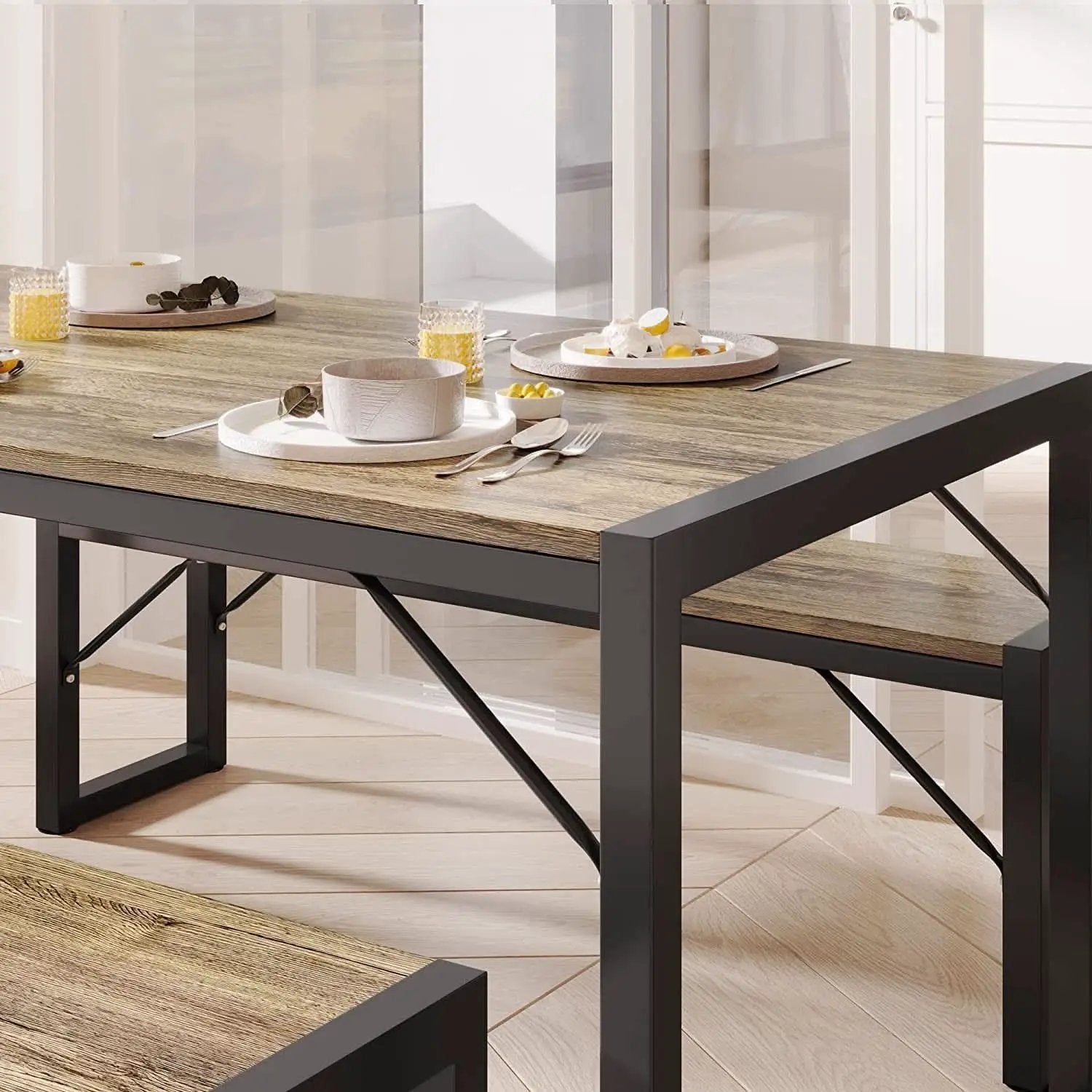 Dining Table Set For 4 With 2 Benches Gray Finish Modern from PriceLows™