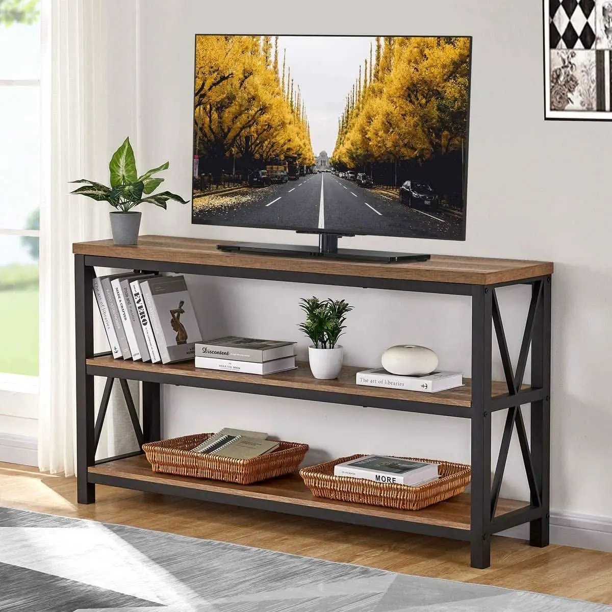 Rustic Wood Console Table With Three Shelves Metal Frame from PriceLows™