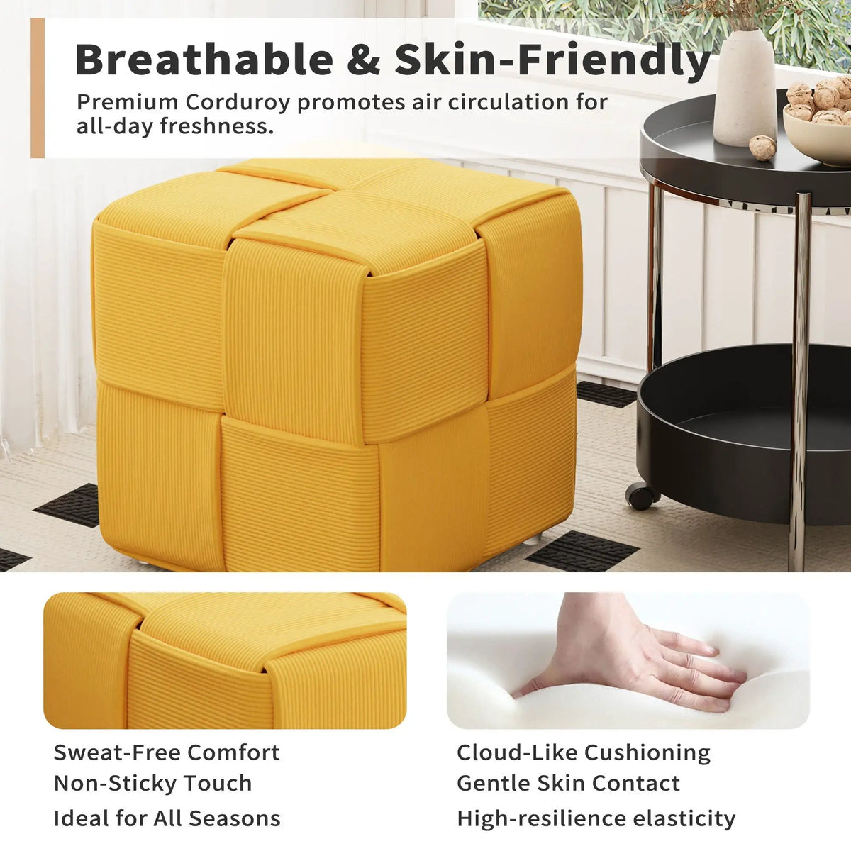 Modern Ottoman Foot Rest | Woven Design | Engineered Wood Frame | 14.2 Inch Cube