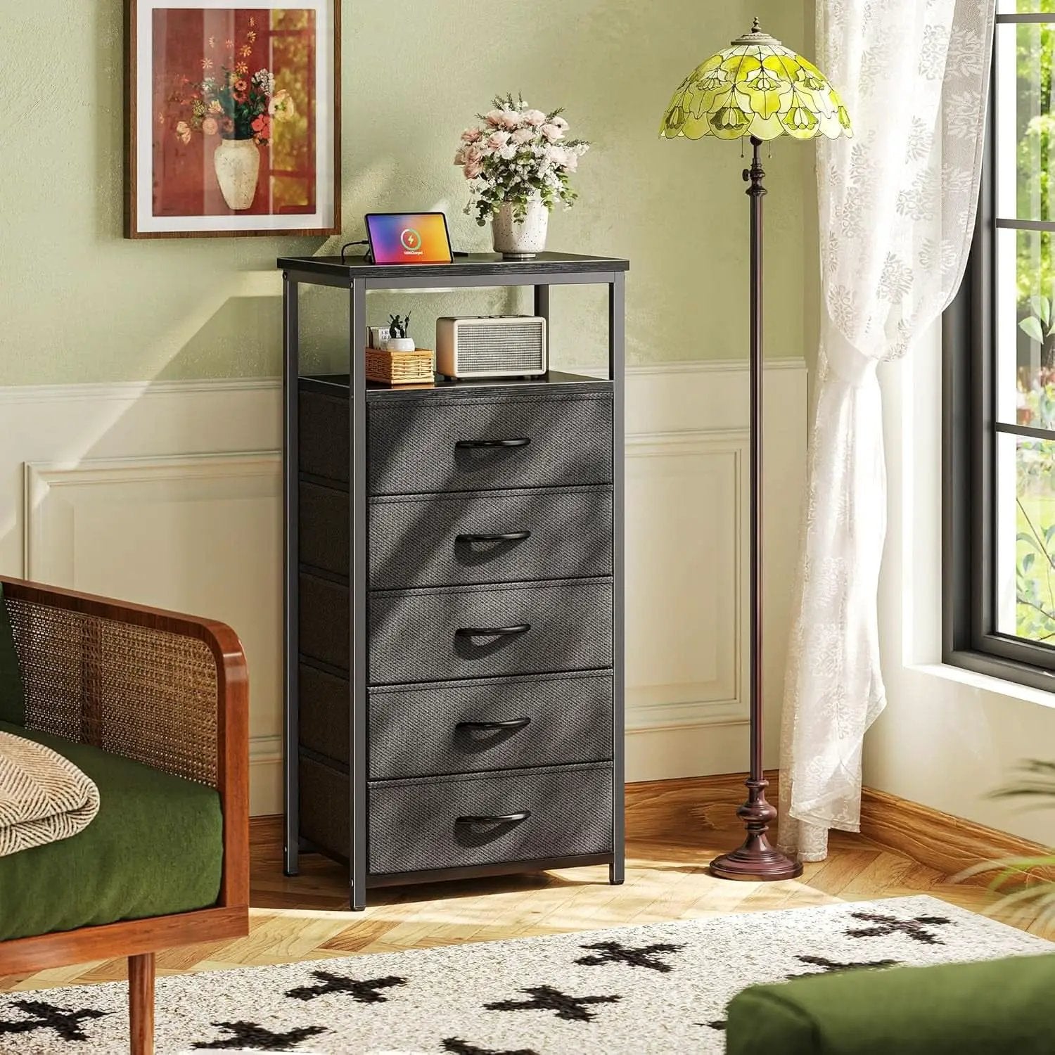 Black Five Drawer Dresser With Integrated Charging Station from PriceLows™