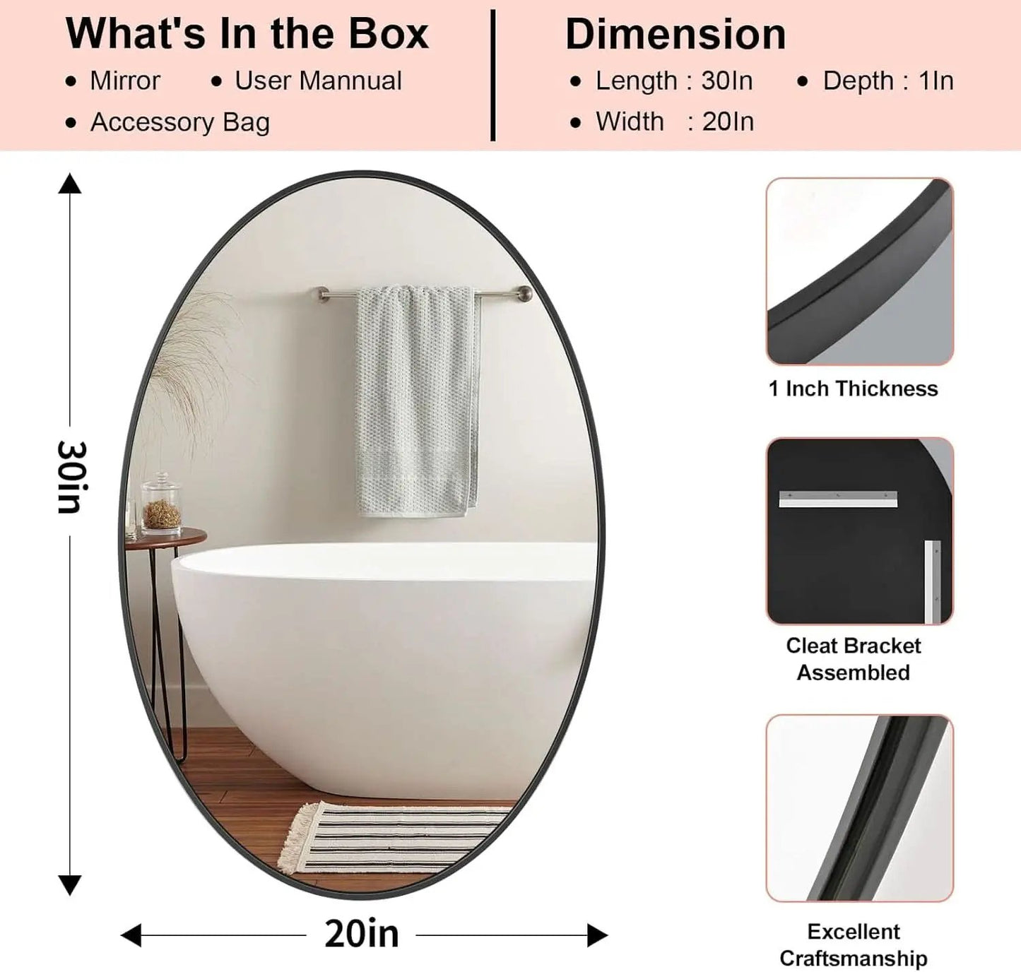 Oval Mirror 20x30 Black Bathroom Vanity Wall Mount from PriceLows™
