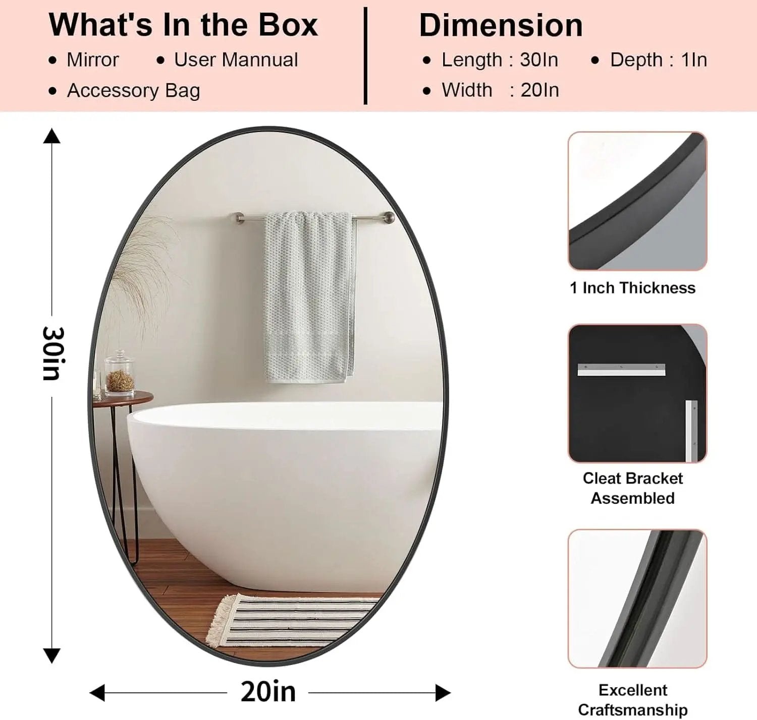 Oval Mirror 20x30 Black Bathroom Vanity Wall Mount from PriceLows™