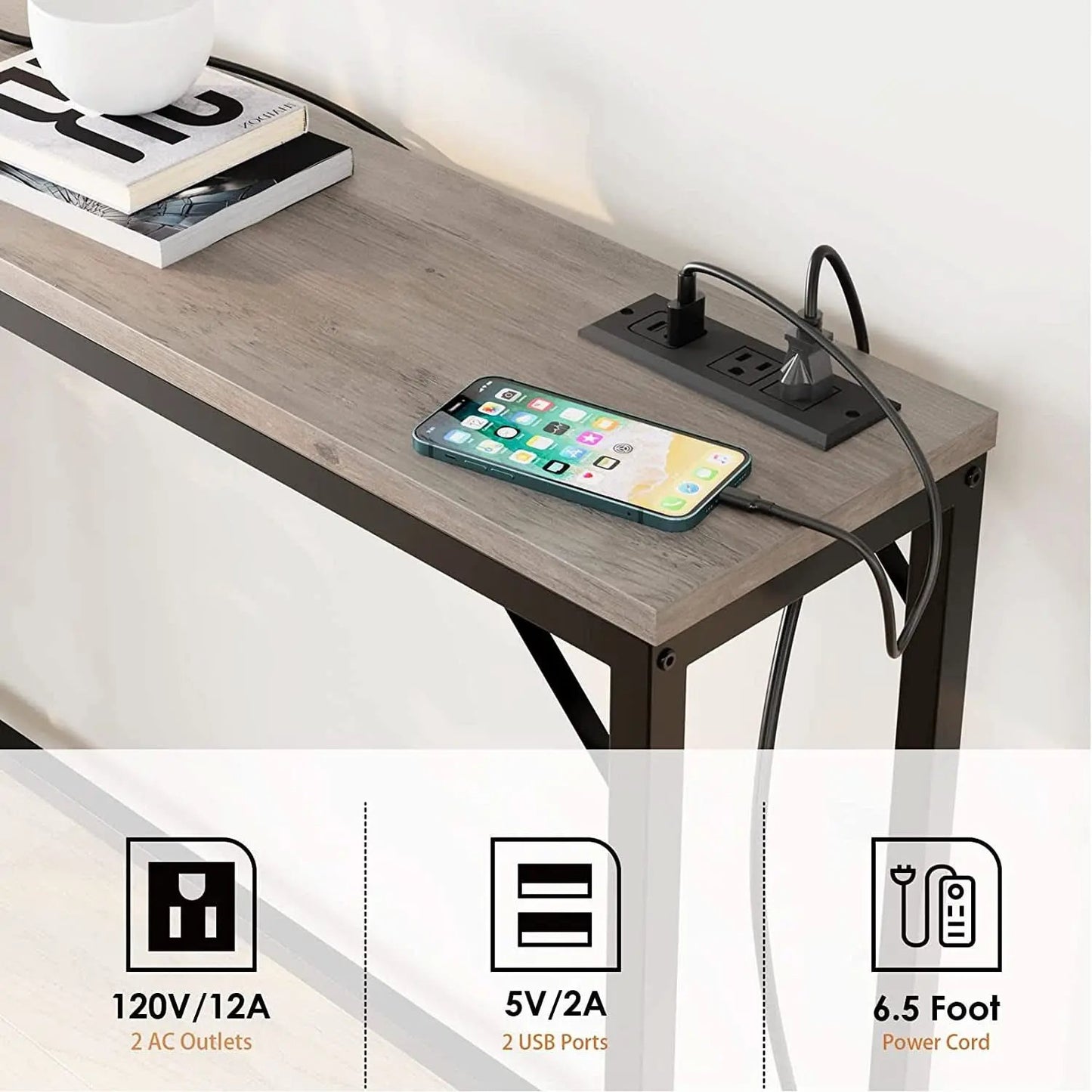 Industrial Grey Console Table With Charging Station from PriceLows™