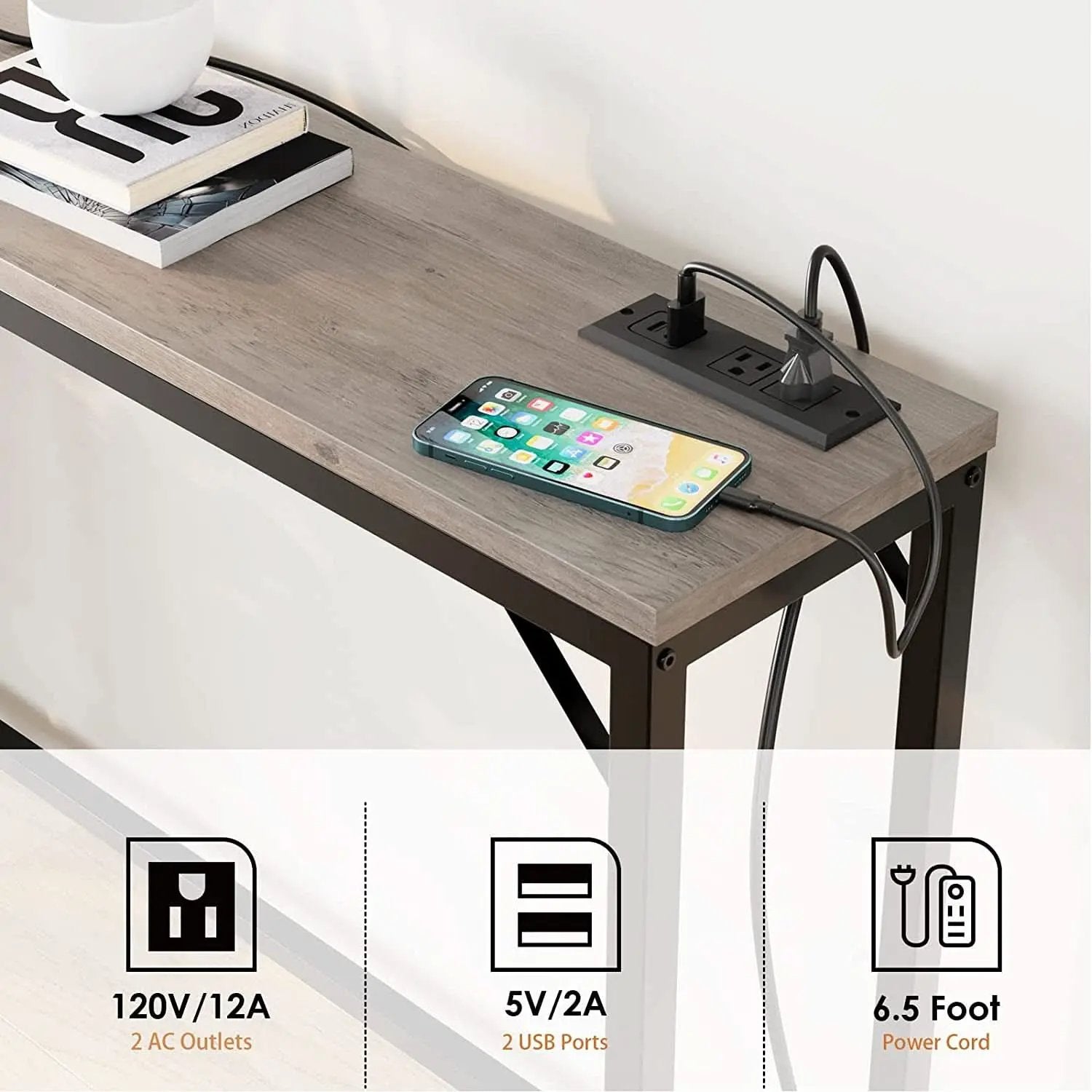 Industrial Grey Console Table With Charging Station from PriceLows™