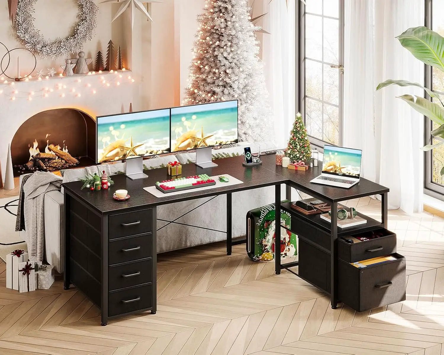 L Shaped Computer Desk 55 Inch With 6 Drawers Home Office from PriceLows™