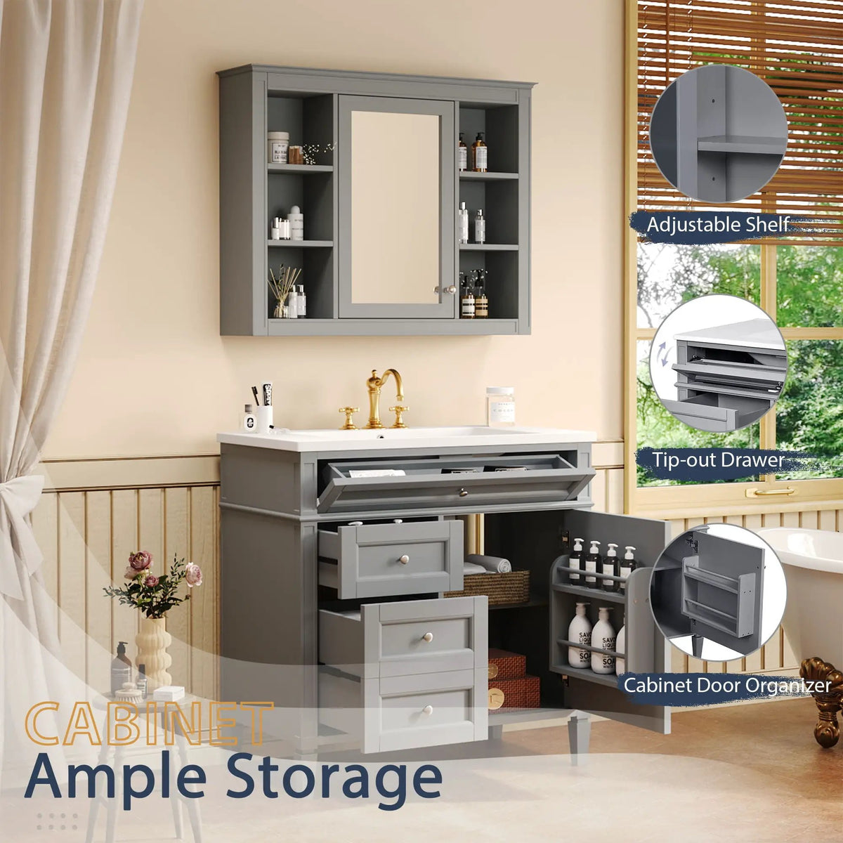 Bathroom Vanity With Mirror Cabinet | Single Sink | Soft Close Doors And Drawers