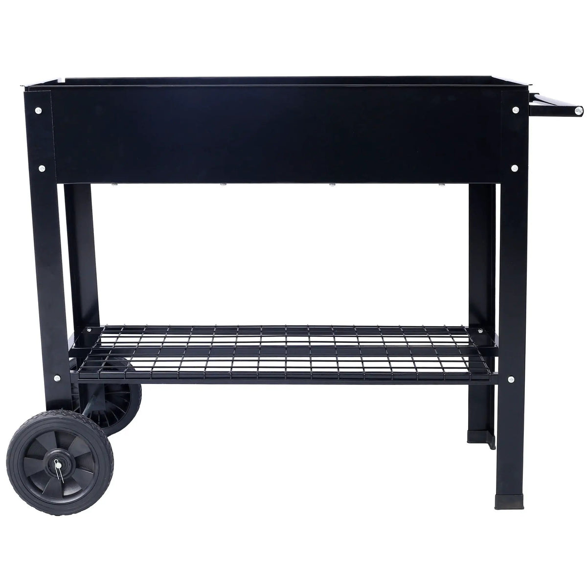 Raised Metal Planter | Wheeled Base | Storage Shelf | Black