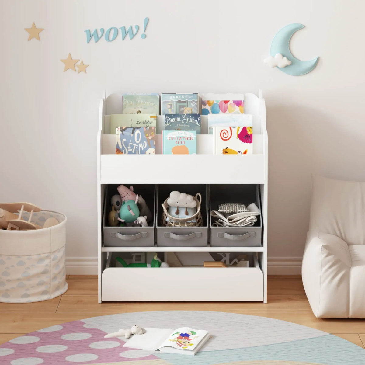 Toddler Bookshelf | 3 Fabric Bins | Bottom Drawer | White