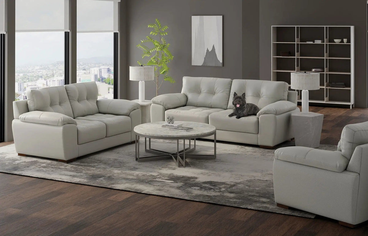 Finn Sofa | 97 x 44 x 39 in | Faux Leather & Fabric | Pebble