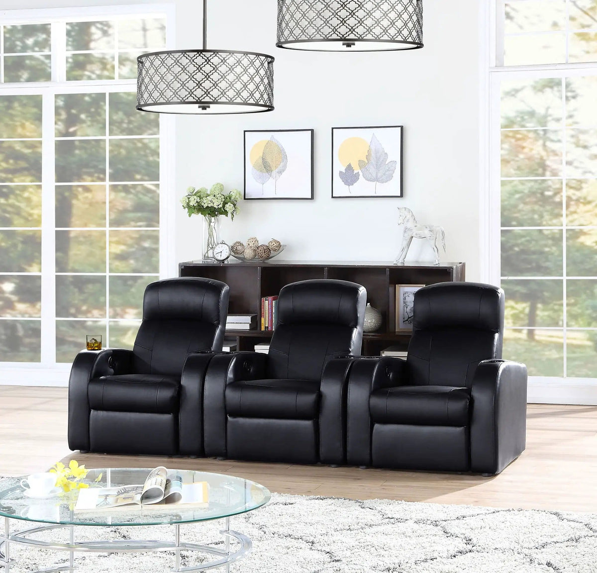 Cyrus 3-piece Upholstered Home Theater Seating Reclining Chair & Console | 3-Piece Set | Leather | Living Room
