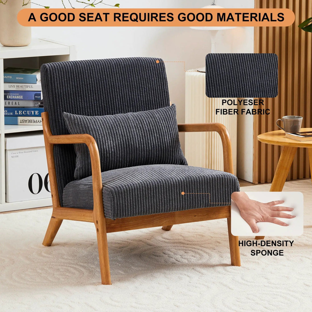 Upholstered Accent Arm Chair | Rubberwood Frame | Removable Pillow | Natural Texture