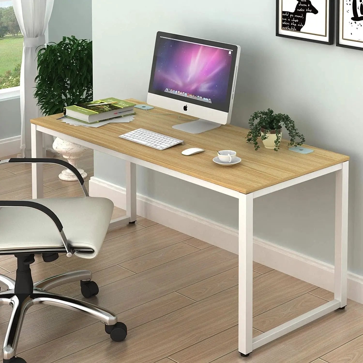 55 Inch Oak Top Desk With White Steel Frame For Home Office from PriceLows™