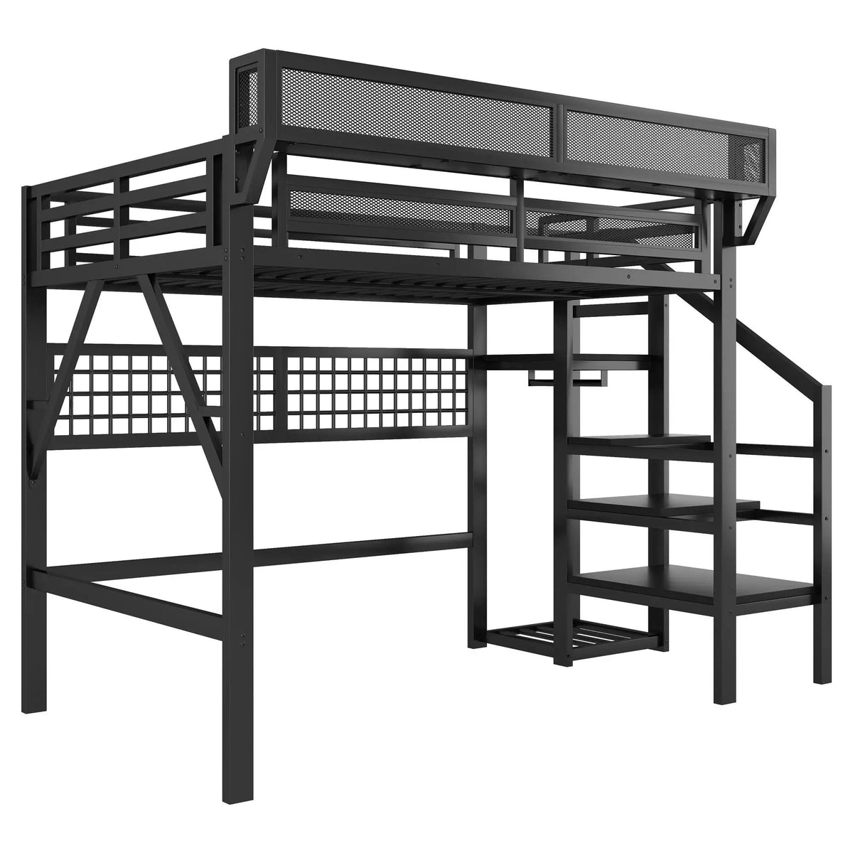 Metal Loft Bed | Integrated Storage Stairs | Upper Safety Shelf