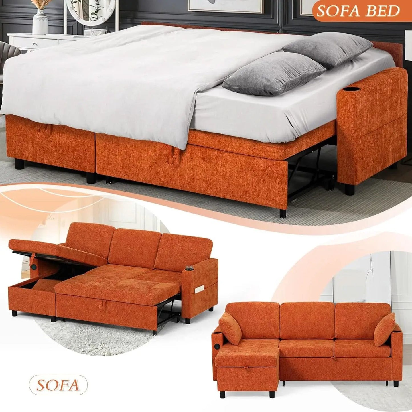 84Inches BrightOrange Chenille Pullout Sofa Bed USBPort from PriceLows™