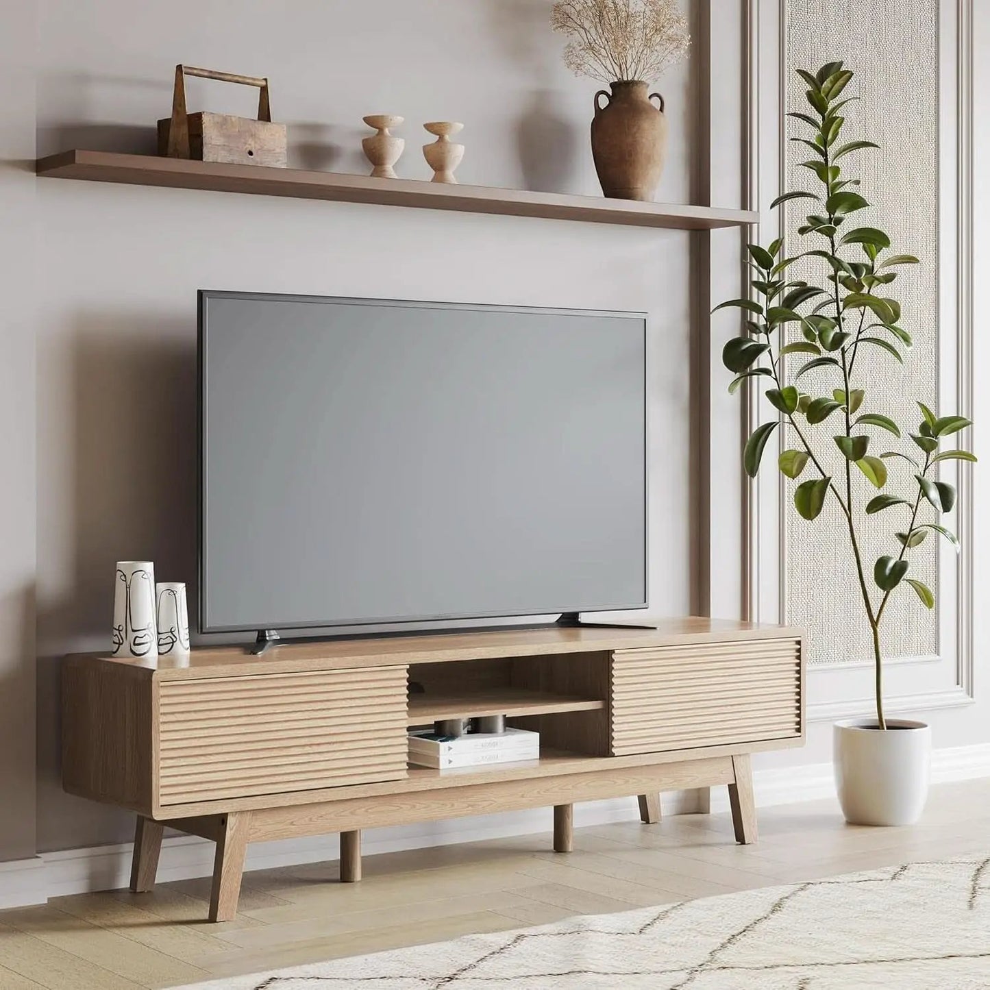 59 Inch Mid Century Modern TV Console Fluted Doors from PriceLows™