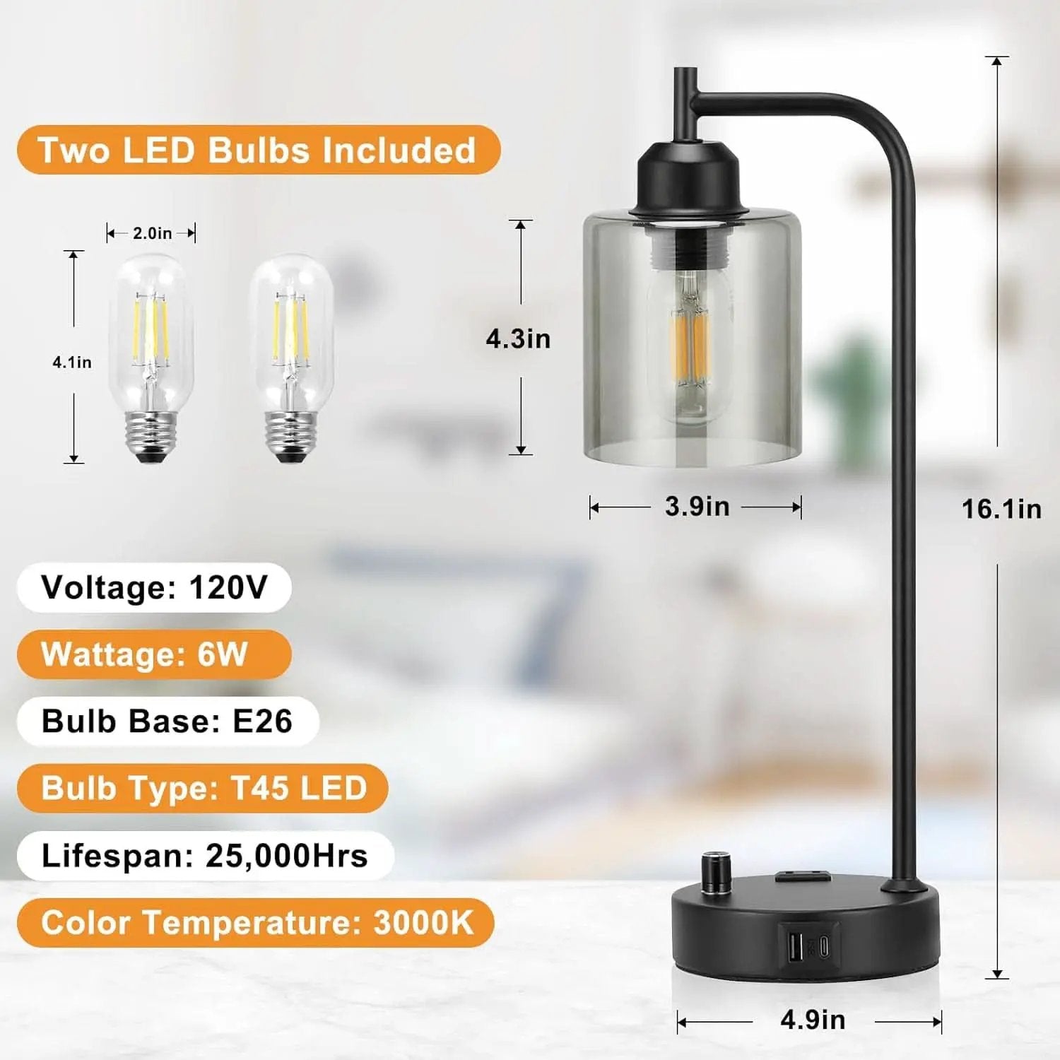 Industrial Desk Lamps 2 Pack Dimmable With USB C Ports from PriceLows™