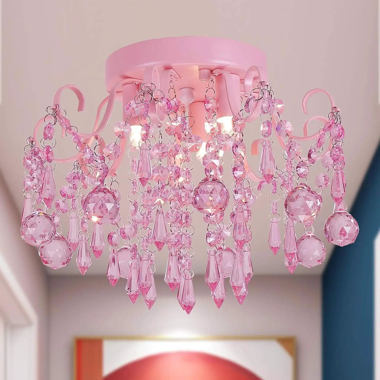 Pink Crystal Mini Chandelier 3 Light Semi Flush Mount from PriceLows™