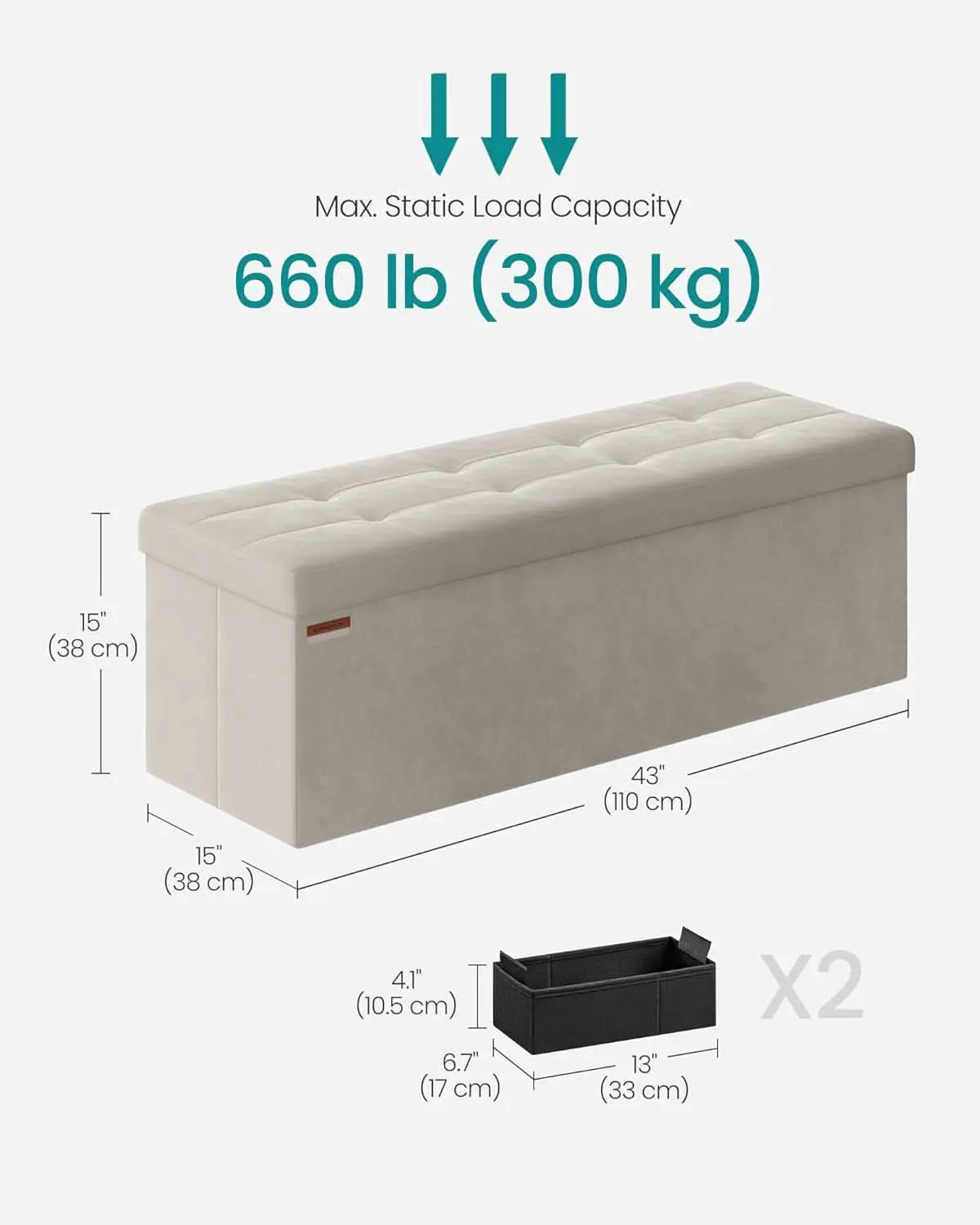 Cream White Storage Ottoman Bench Foldable 15x43x15 from PriceLows™