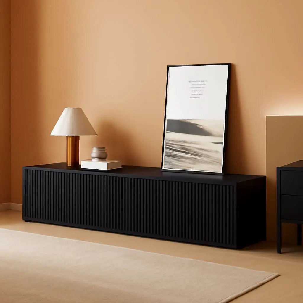 65 Inch Black Solid Wood TV Stand With Oak Veneer Finish from PriceLows™