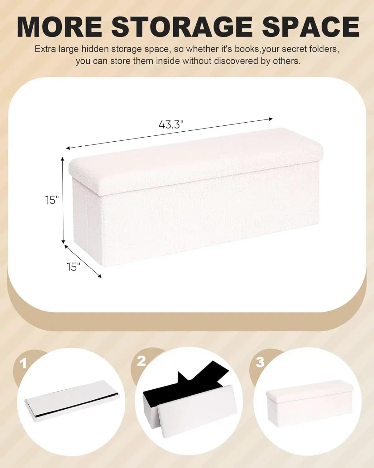 Cream White Faux Fur Storage Ottoman 43.3 Inch Dimensions from PriceLows™