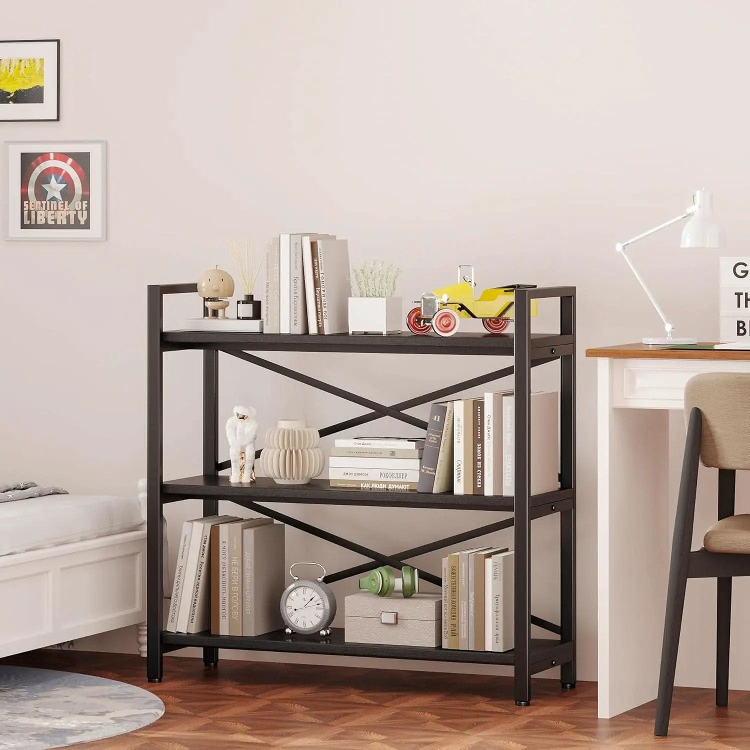 3 Tier Bookshelf 31 Inch Width Wood And Metal Etagere Black from PriceLows™