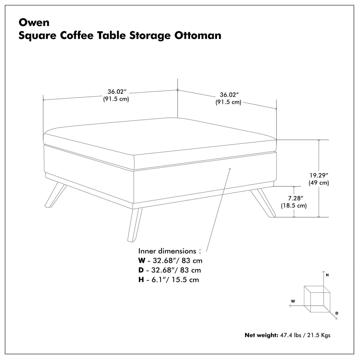 Owen Square Coffee Table Storage Ottoman | Hydraulic Lift-Up Lid | Multifunctional | 35.8 Inch Width