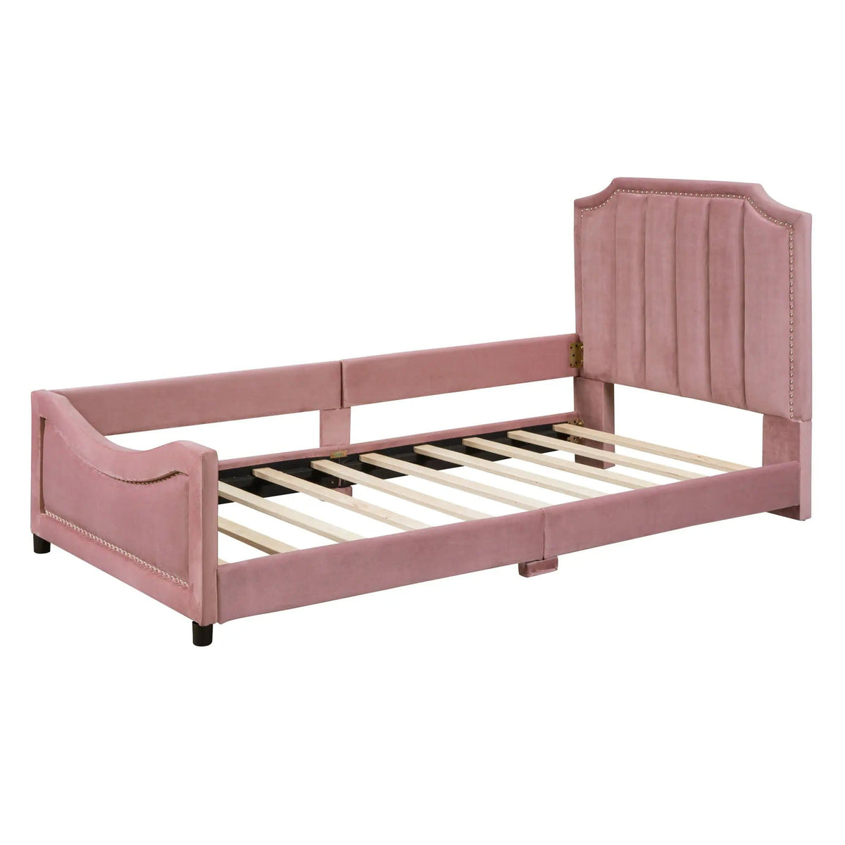 Upholstered Daybed With Classic Stripe Shaped Headboard | 2 Pieces | Pine Wood | Bedroom
