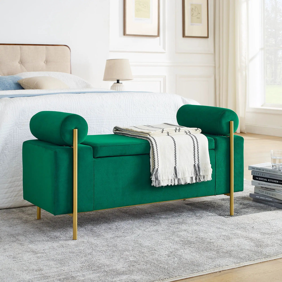 Upholstered Storage Bench | Cylindrical Arms | Iron Legs