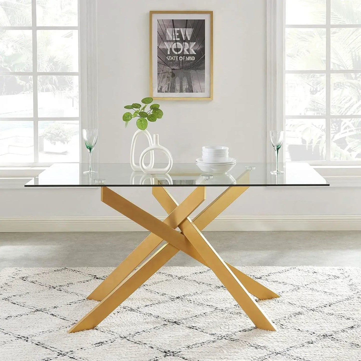Rectangular Tempered Glass Dining Table Gold Finish from PriceLows™