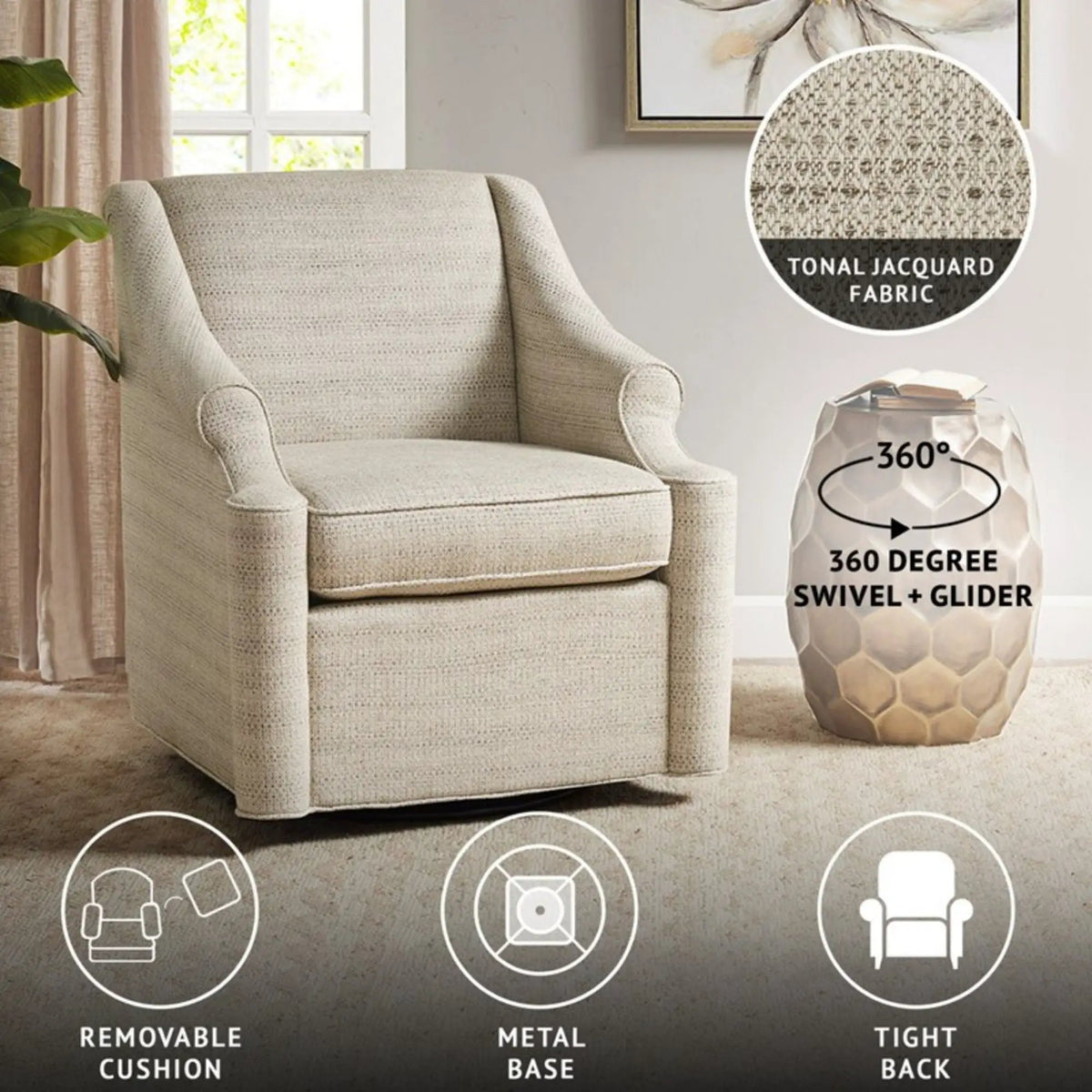Justin Swivel Glider Chair | 360 Degree Rotation | Tonal Jacquard Fabric | Tan