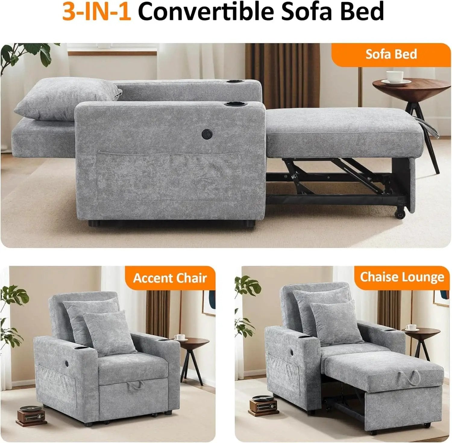 Convertible Sleeper Chair Bed With Linen Upholstery from PriceLows™