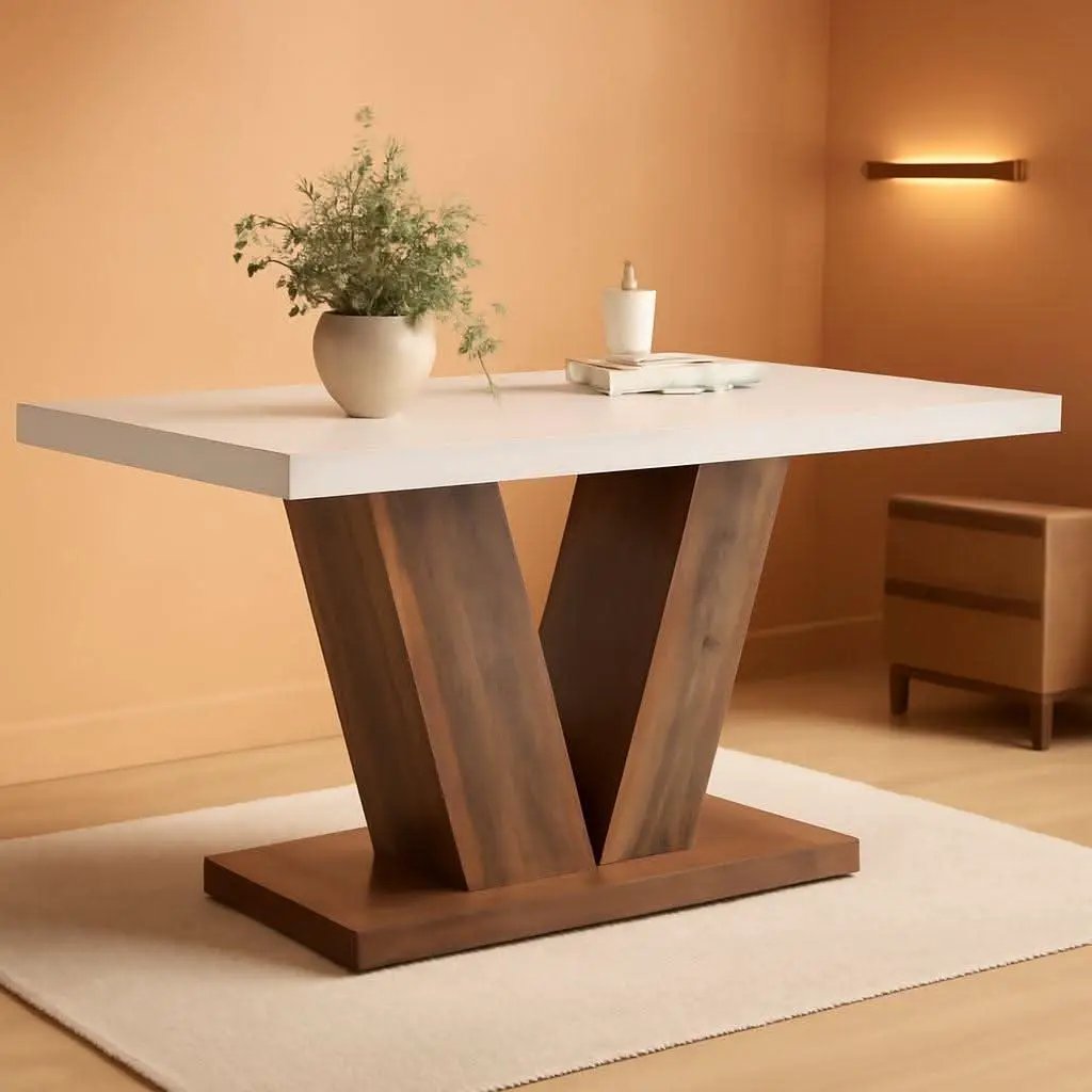 47 Inch White Rectangular Dining Table With Rustic Pedestal from PriceLows™