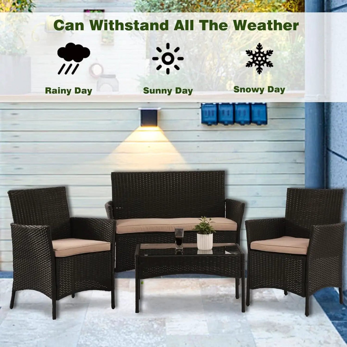 4 Piece Rattan Patio Set With Glass Table Black Cushions from PriceLows™