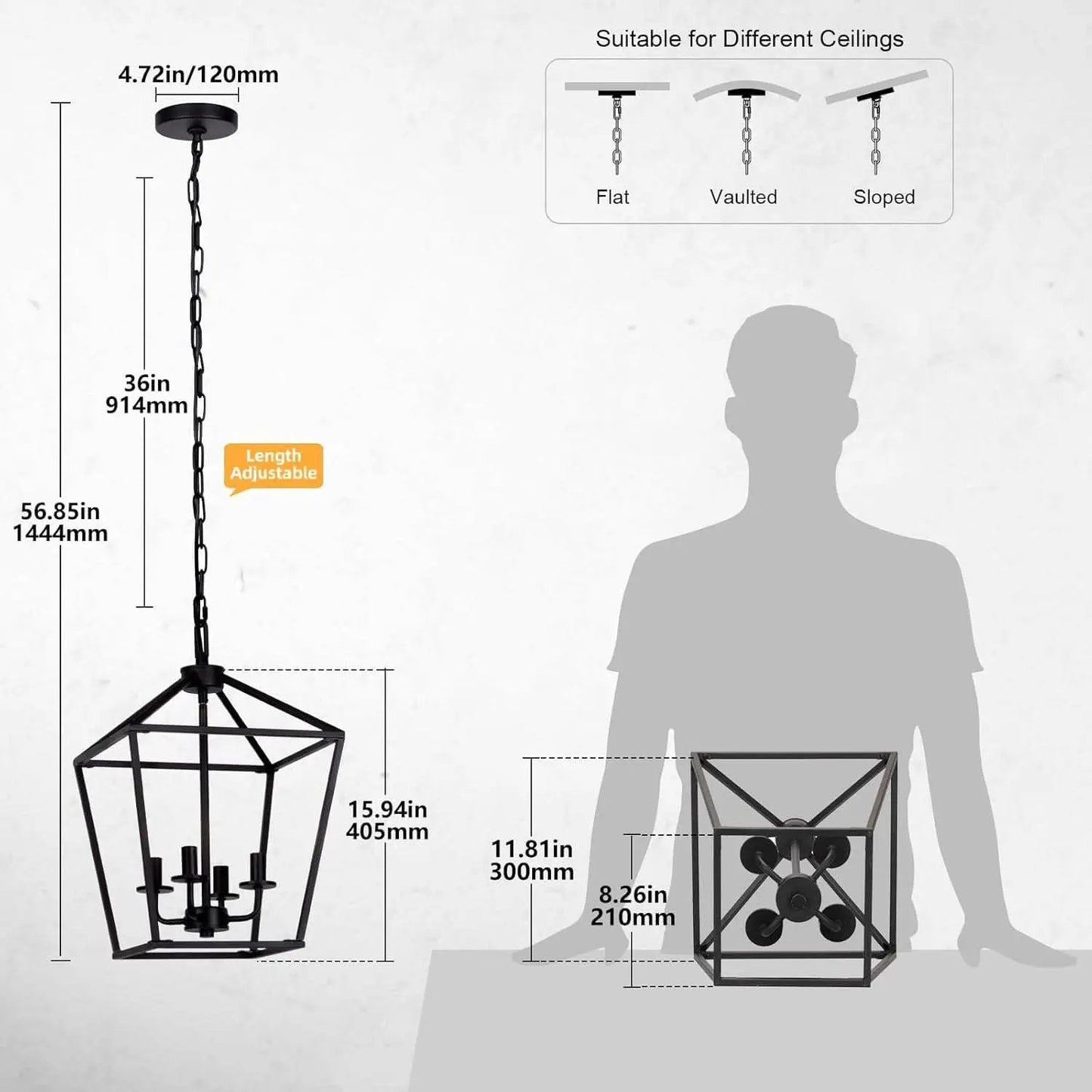 4 Light Black Lantern Chandelier With Adjustable Height from PriceLows™