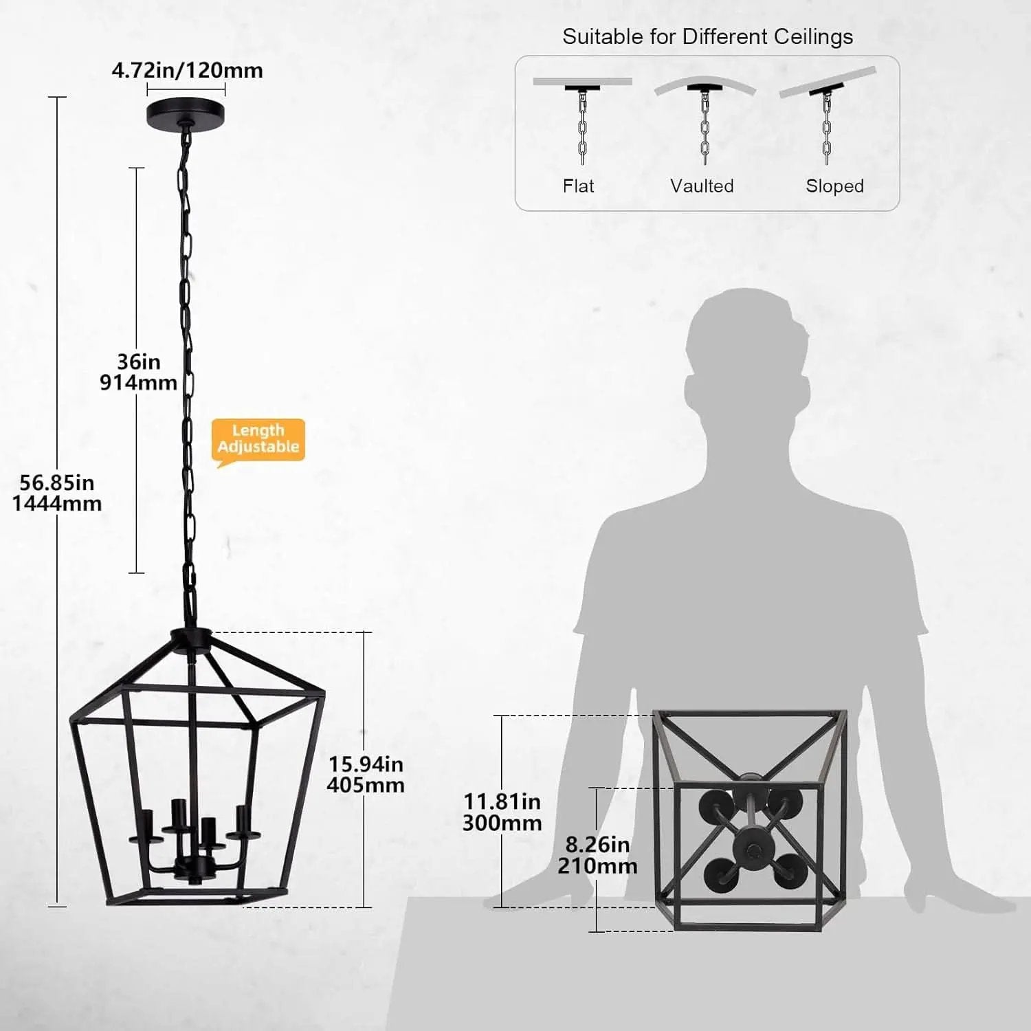 4 Light Black Lantern Chandelier With Adjustable Height from PriceLows™