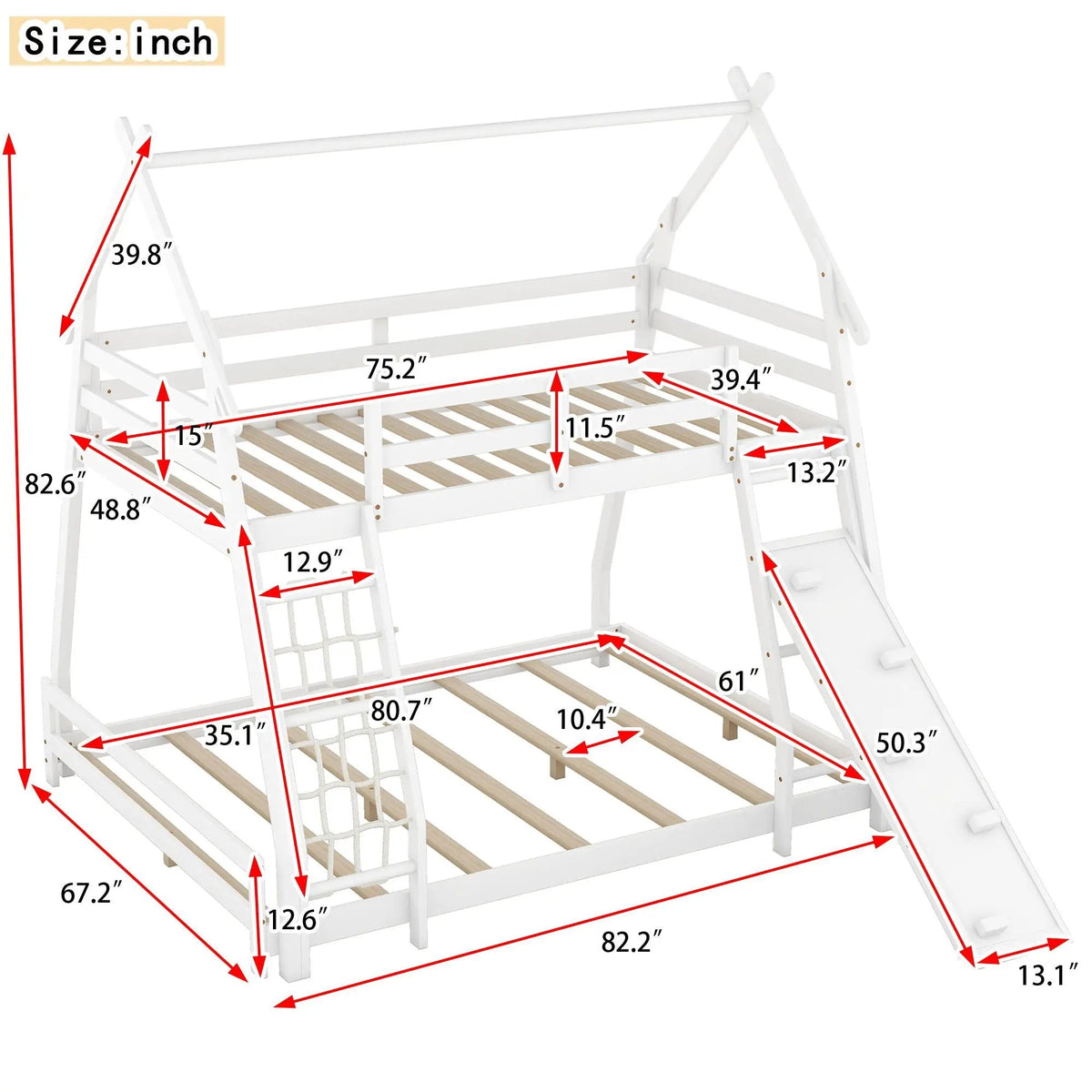 House Bunk Bed | Twin Over Queen | Solid Pine | Climbing Net And Ramp