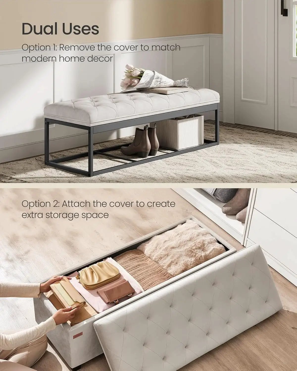 Cream Storage Ottoman Bench 43Inch Living Room Furniture from PriceLows™