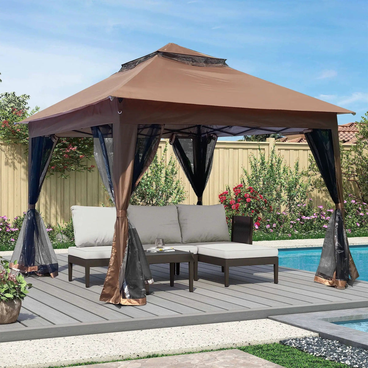 Outdoor Pop Up Gazebo Canopy With 2 Tier Soft Top And Removable Zipper Netting | 2 Pieces | Fabric & Steel | Outdoor Living