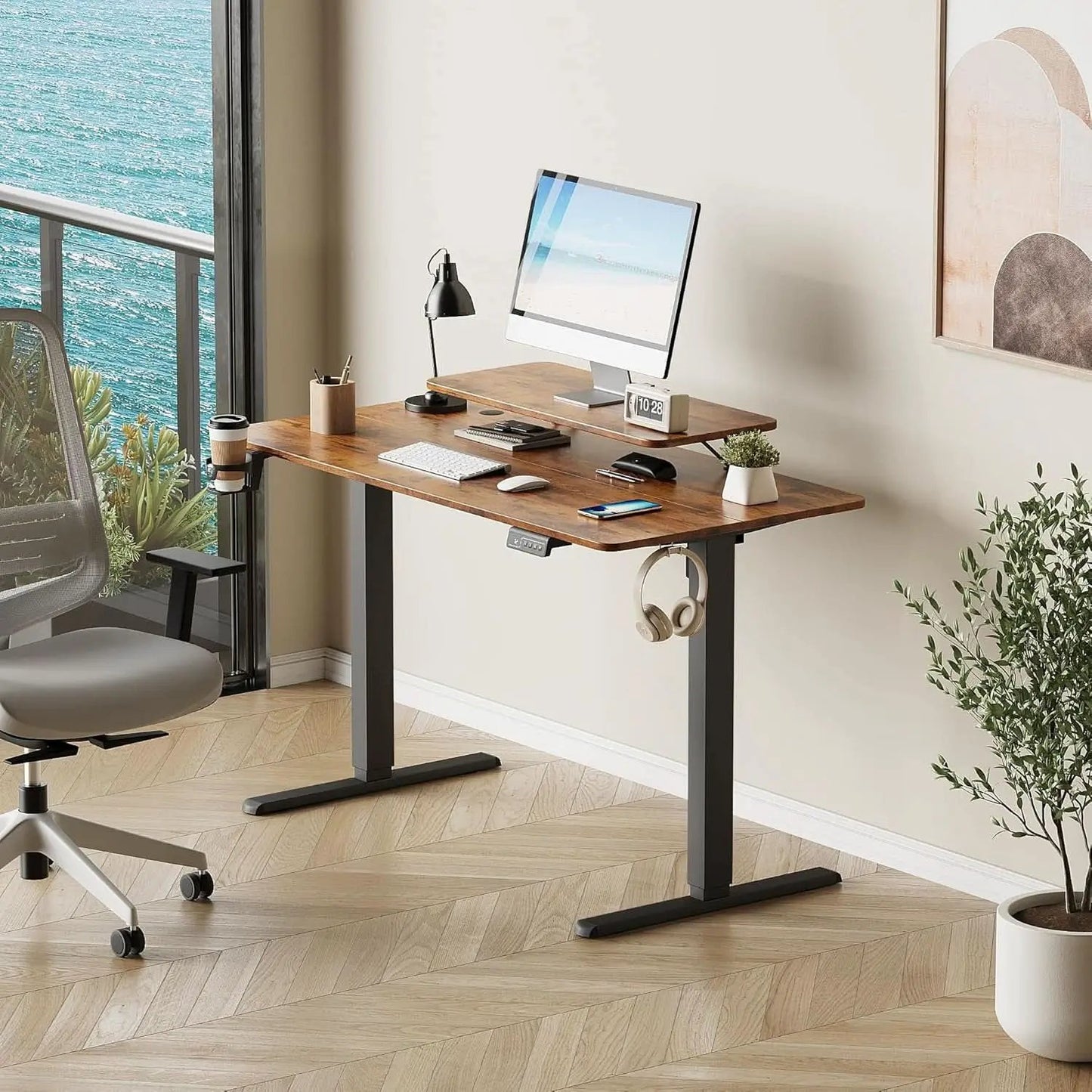 Electric Standing Desk With Monitor Stand 47x24 Brown from PriceLows™