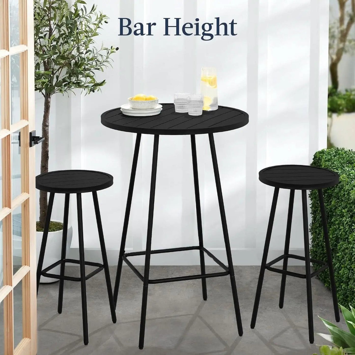 3 Piece Bar Height Patio Bistro Set Black Round Table With Backless Stools Patio Furniture Set from PriceLows™