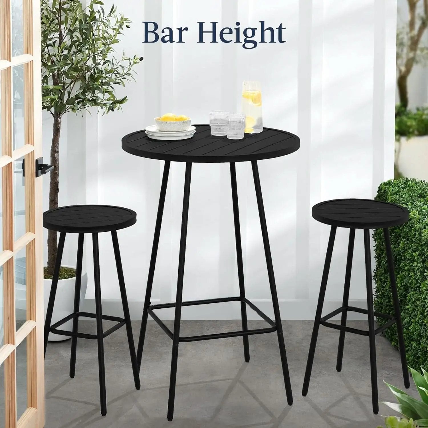 3 Piece Bar Height Patio Bistro Set Black Round Table With Backless Stools Patio Furniture Set from PriceLows™