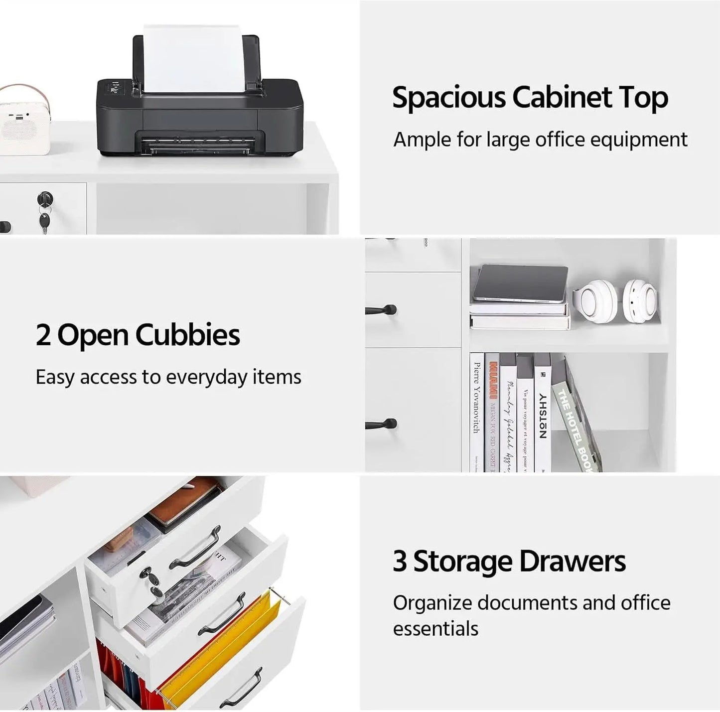 3 Drawer File Cabinet White Mobile Lateral Filing Cabinet With Lockable Top Drawer And Open Shelves For Home Office from PriceLows™